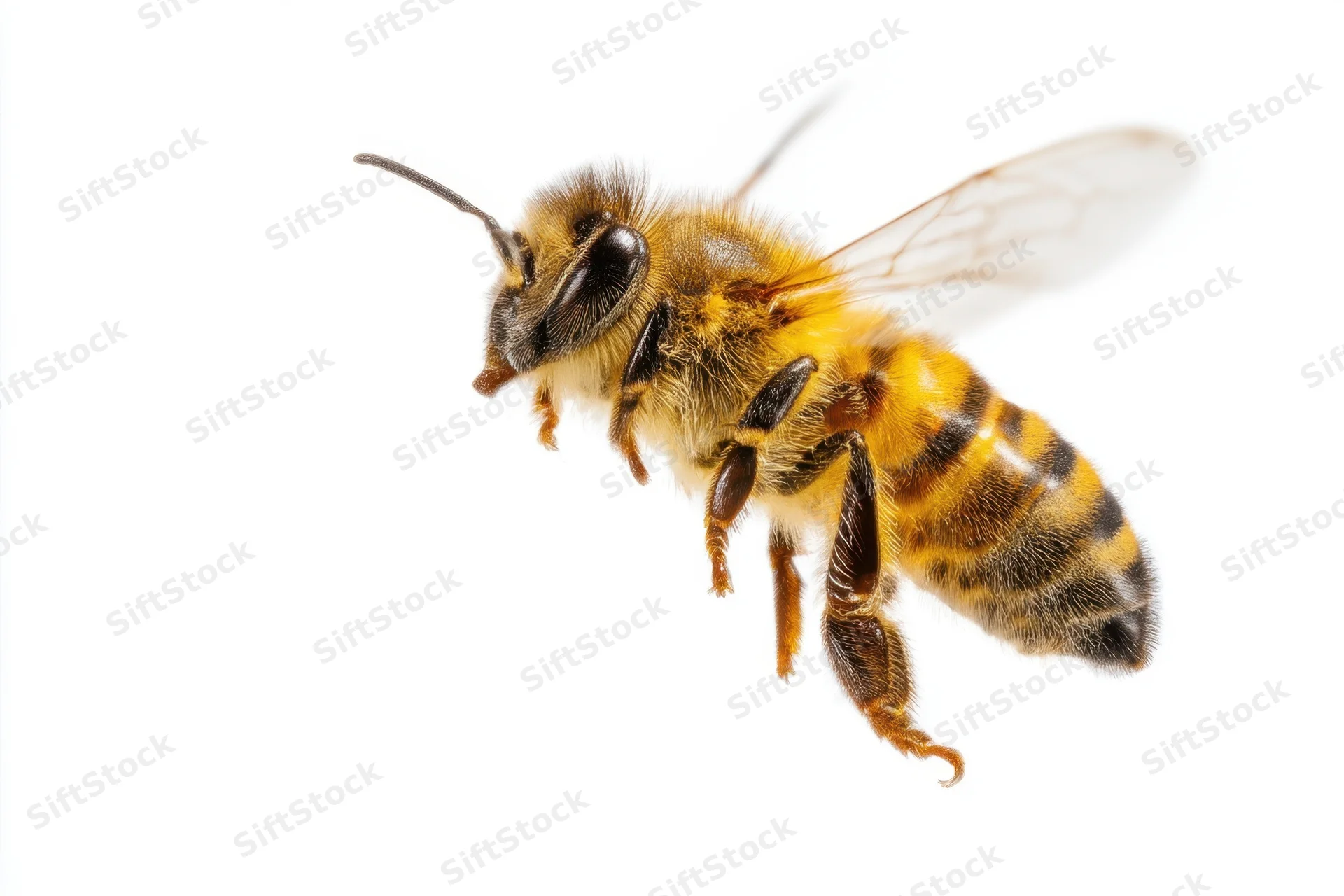 Honeybee in flight against white background