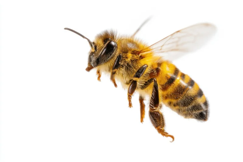 Honeybee in flight against white background