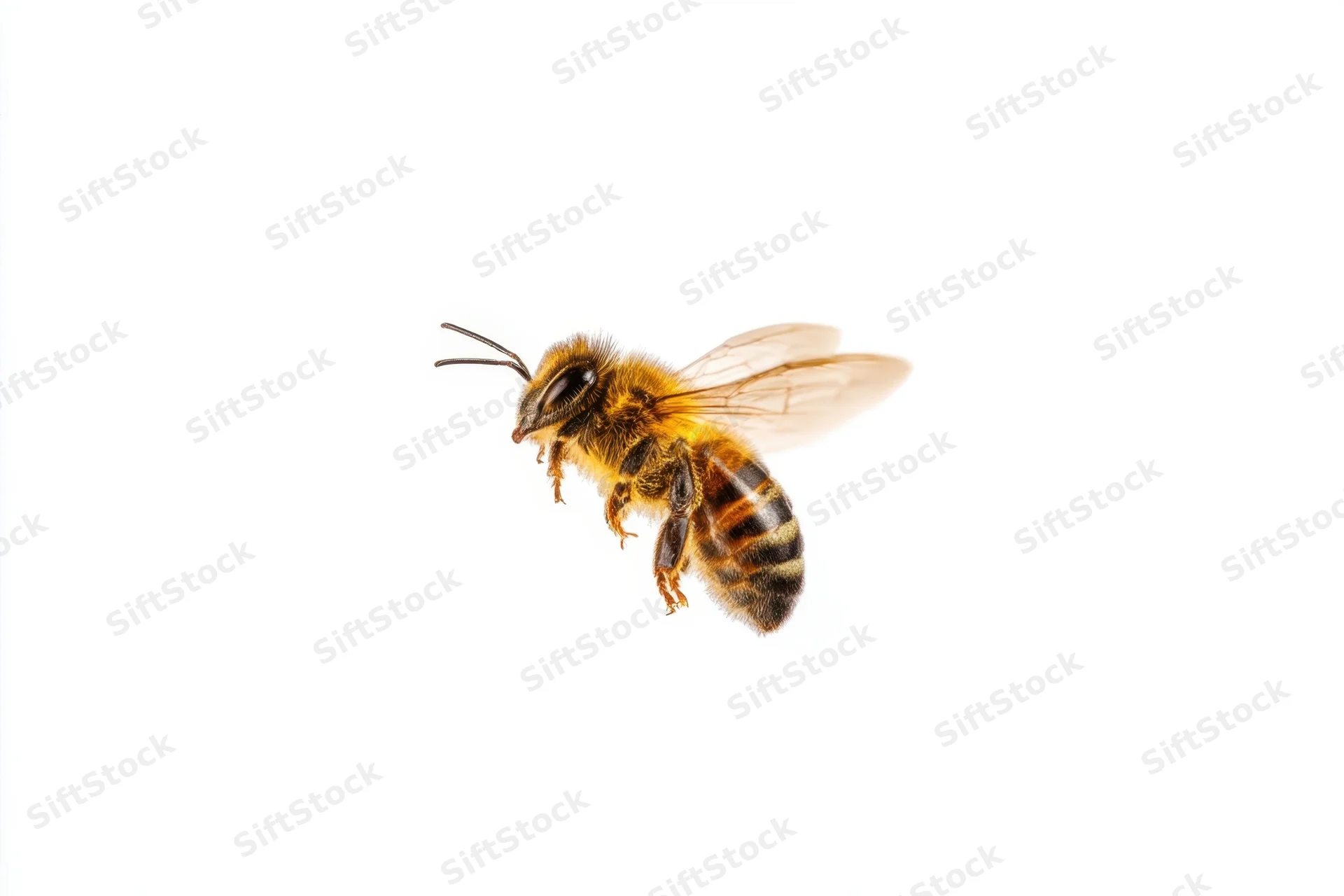 Honeybee in mid-flight against a white background