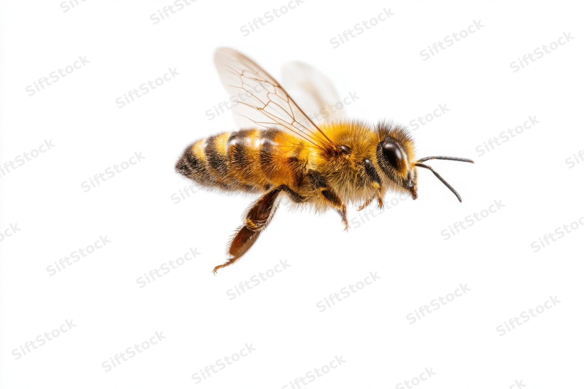 Honeybee in flight against a white background