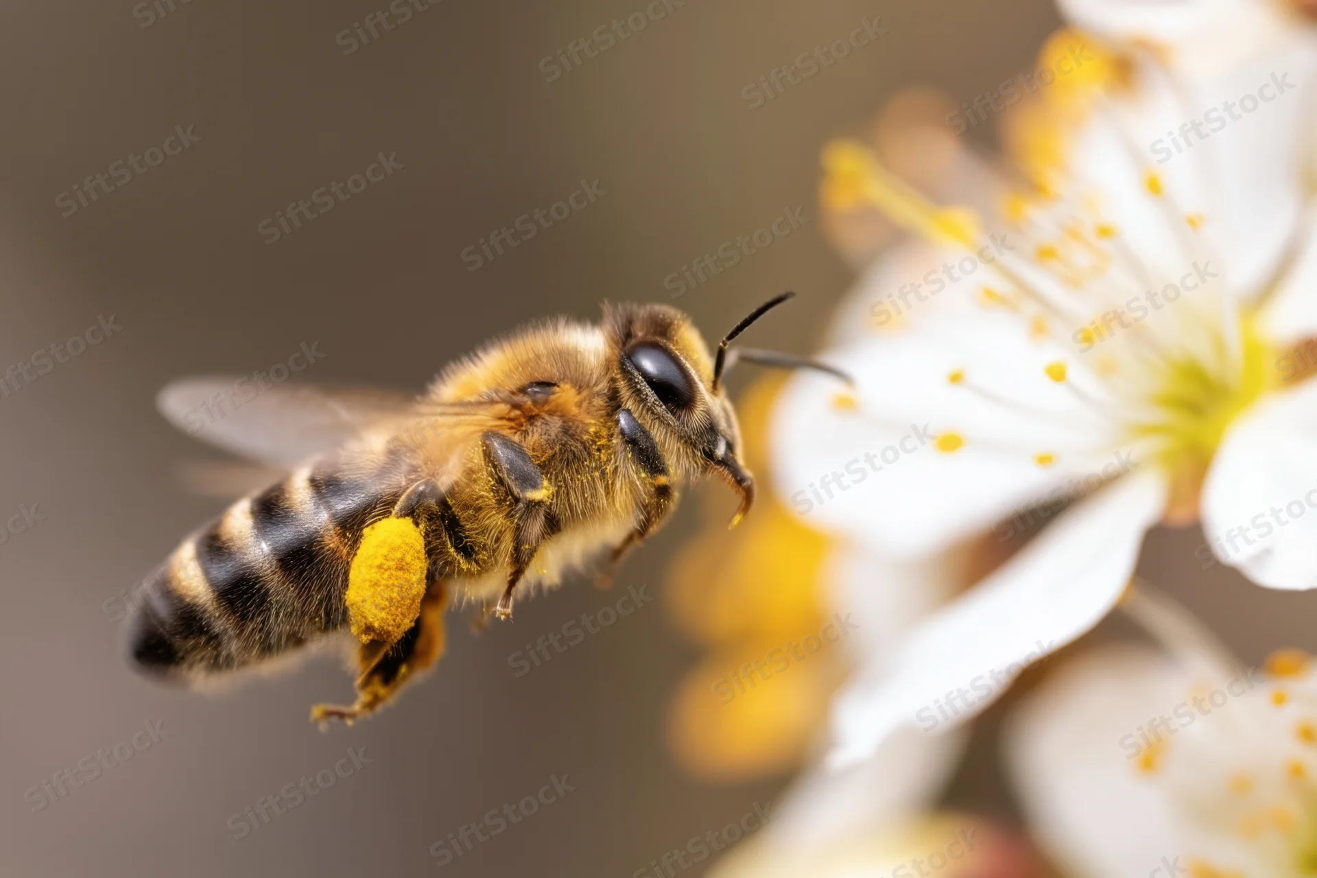 Honeybee flying near white flower with pollen on its legs