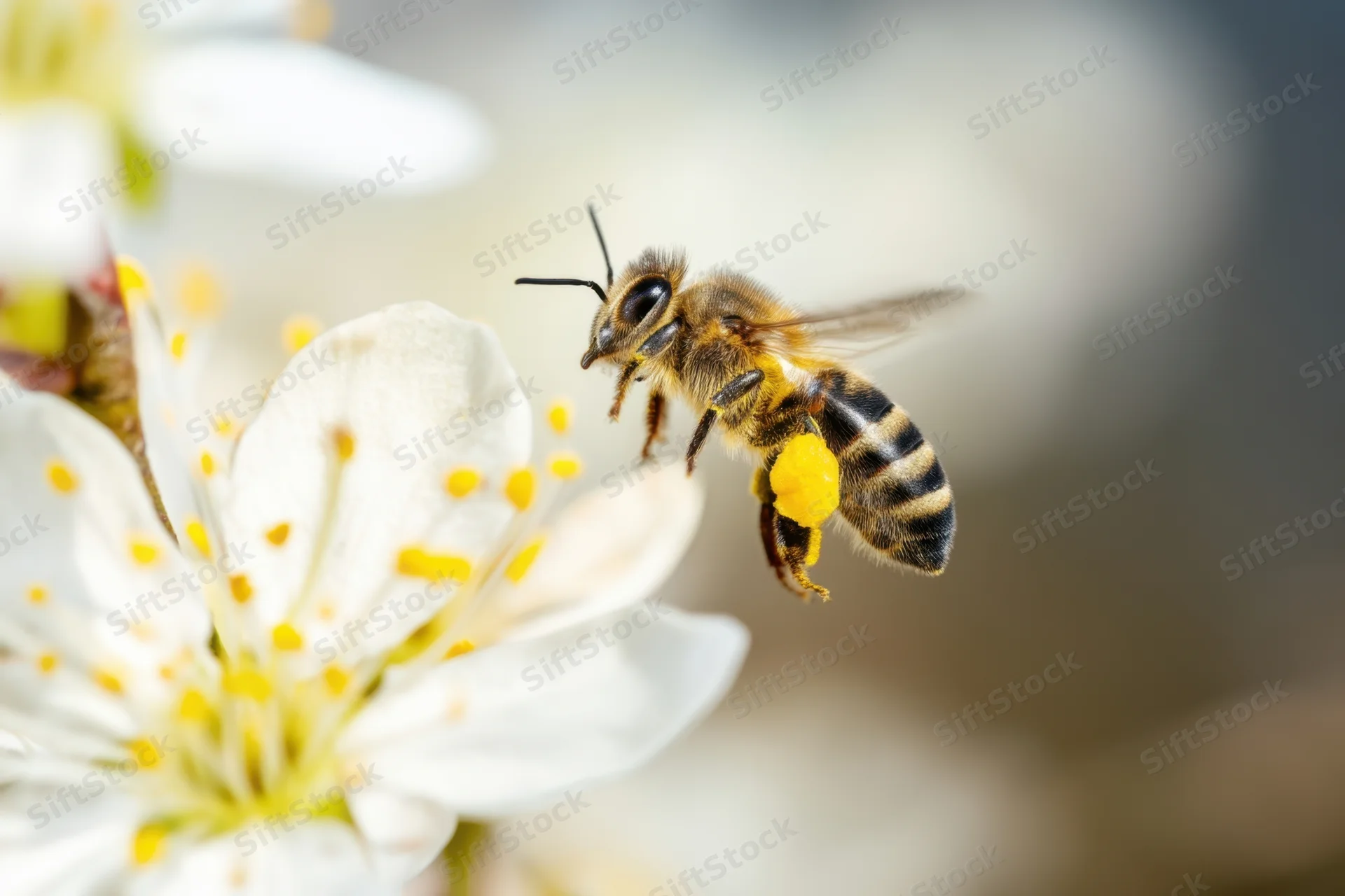 Honeybee collecting pollen from a white blossom in a garden