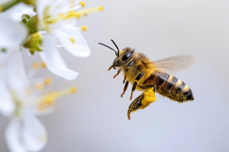 Honeybee flying toward white flower with pollen on its legs