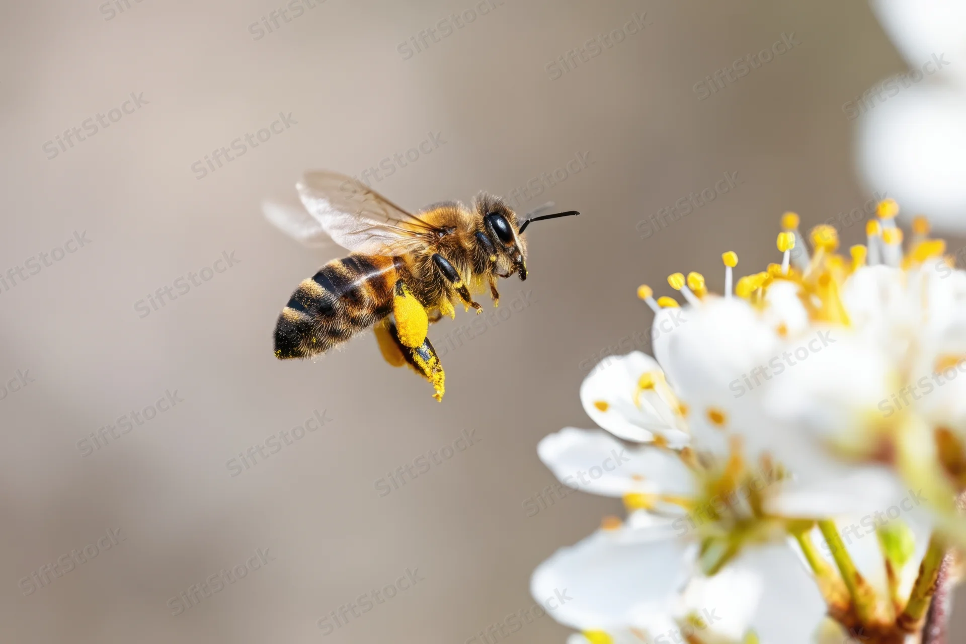 Honeybee flying toward white blossoms in spring garden