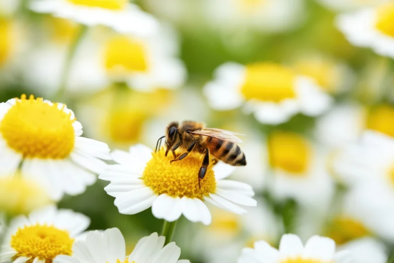 Honeybee collecting nectar from a white chamomile flower in a garden