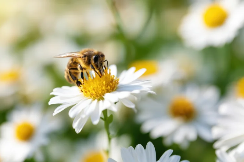 Honeybee collecting nectar from a white flower in a garden