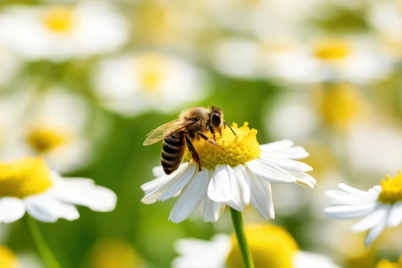 Honeybee foraging on a white daisy flower in a sunlit meadow