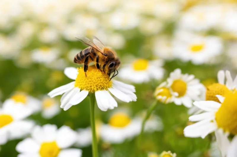 Honeybee collecting nectar on a white chamomile flower in a green meadow