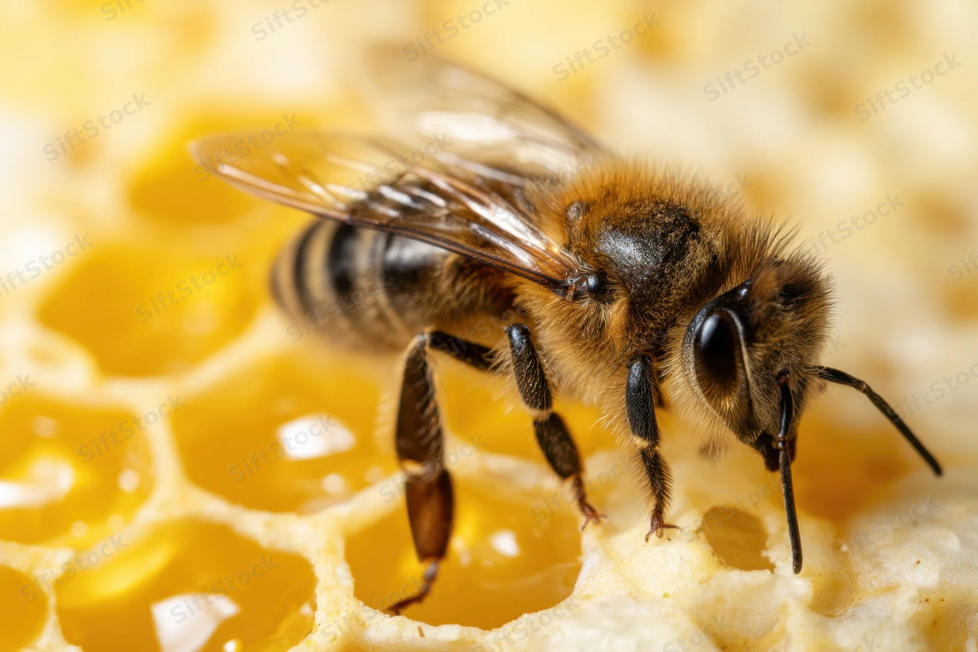 Honeybee resting on honeycomb with translucent wings and striped abdomen