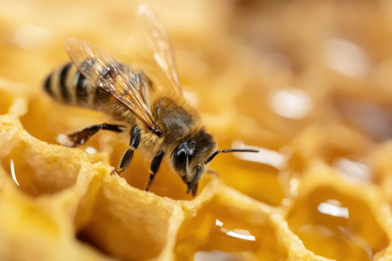 Honeybee working on honeycomb structure in hive
