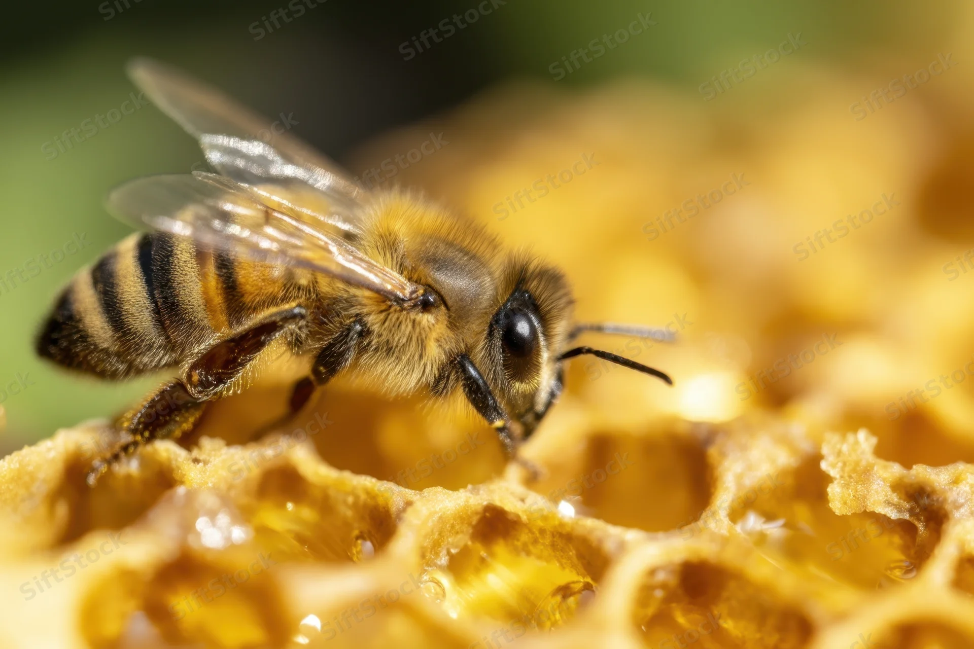 Honeybee on honeycomb structure in natural setting