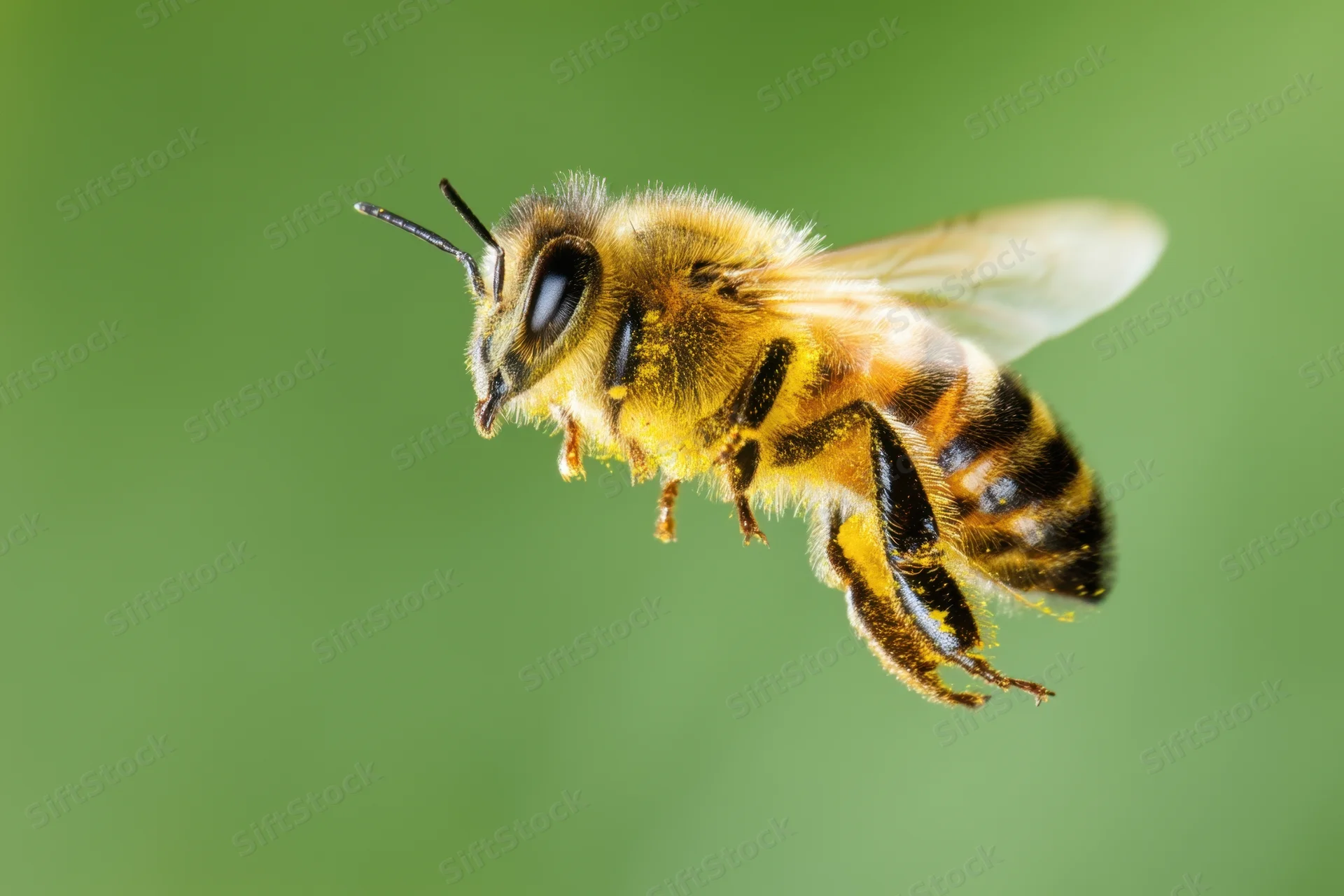 Honeybee in mid-flight against a green background