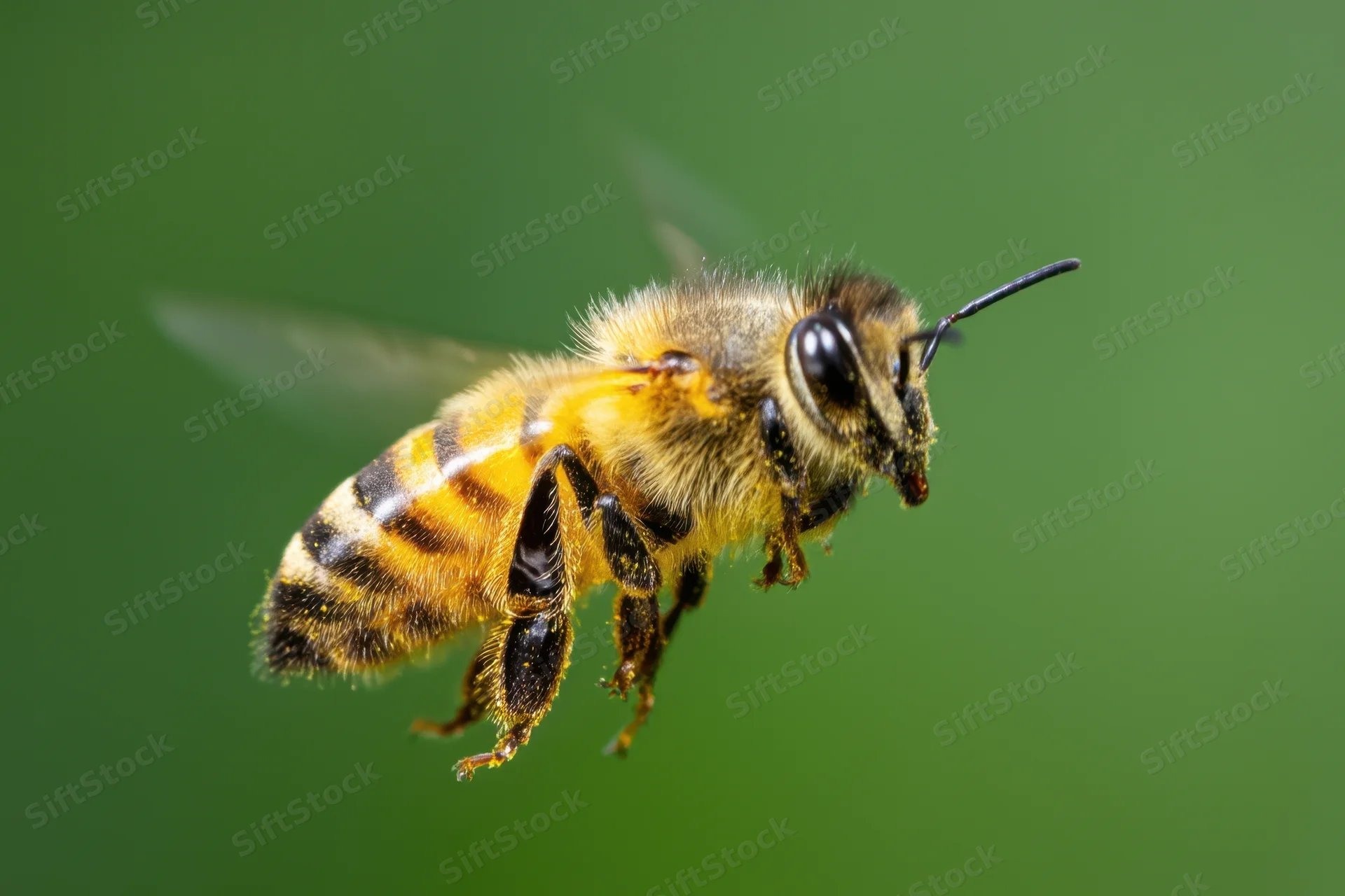 Honeybee in flight against a blurred green background