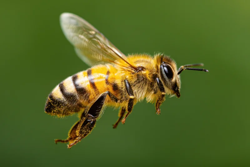 Honeybee in flight against a blurred green background