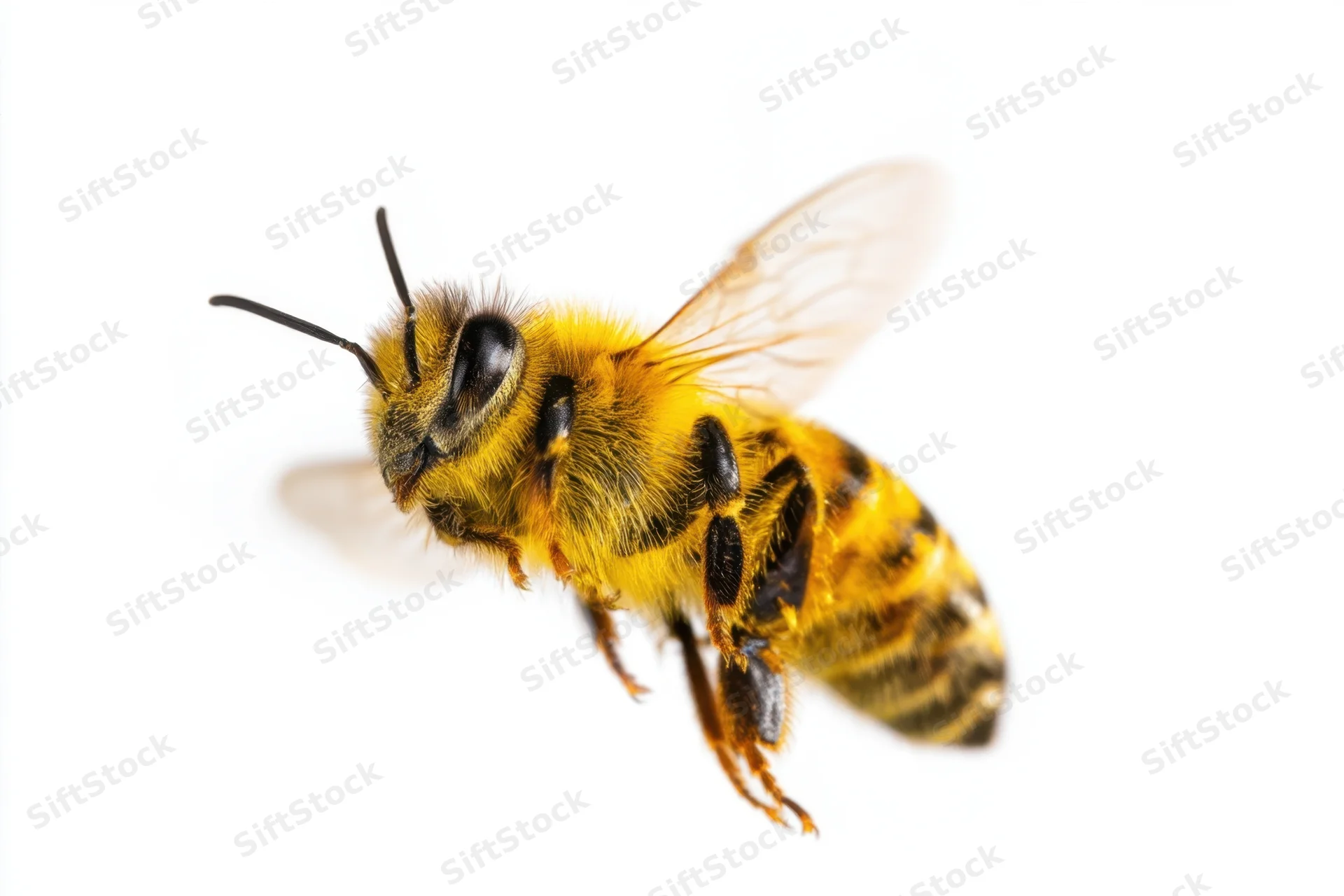 Honeybee in mid-flight isolated on white background