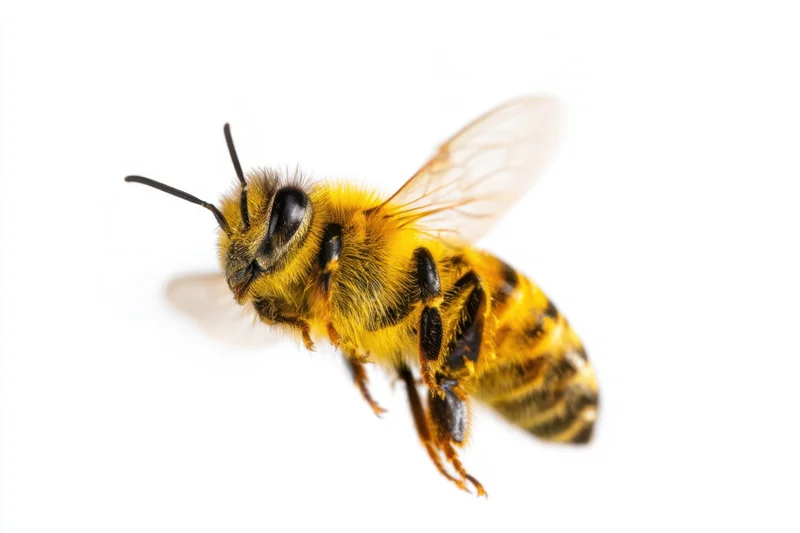 Honeybee in mid-flight isolated on white background
