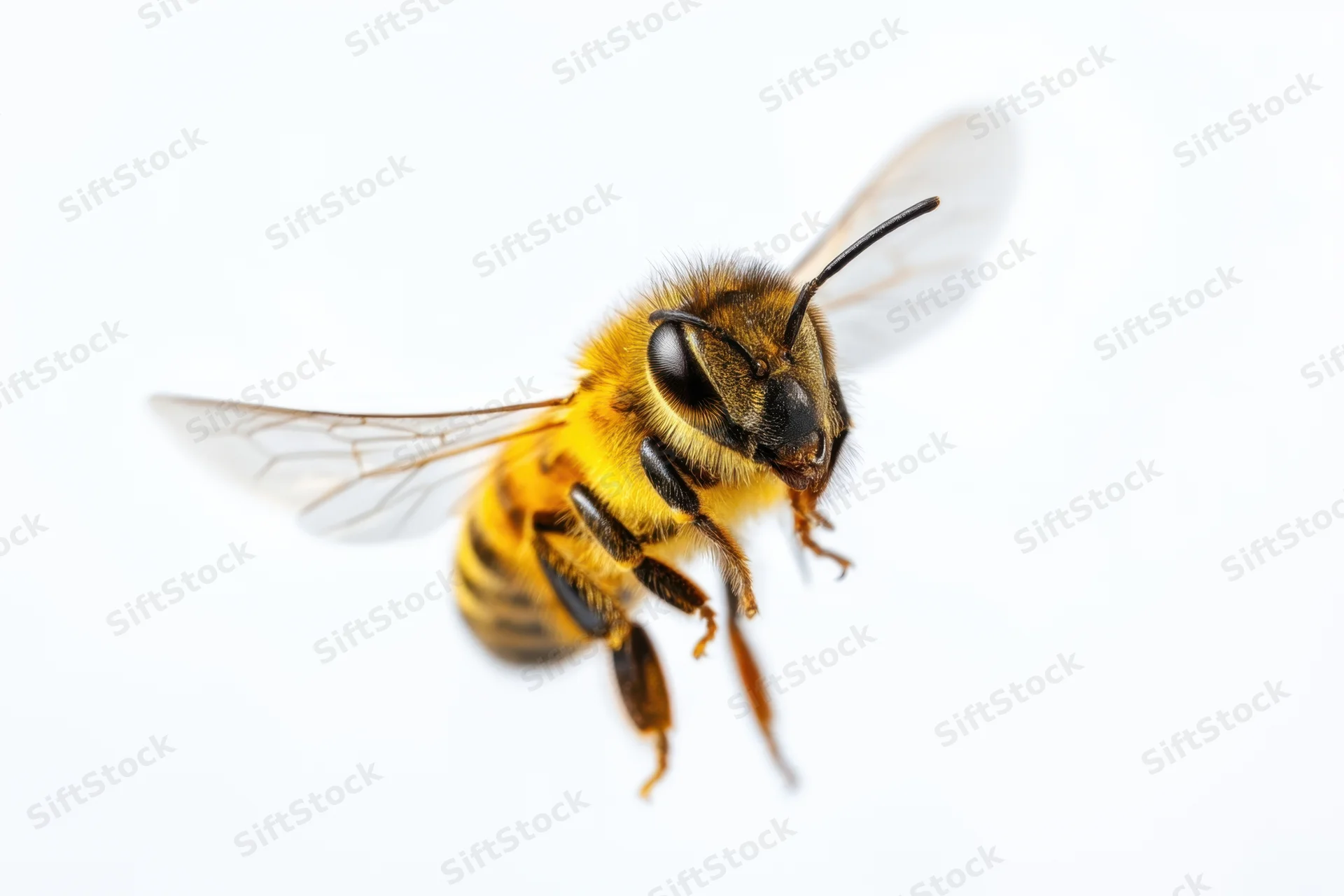 Honeybee in mid-flight with wings extended against white background