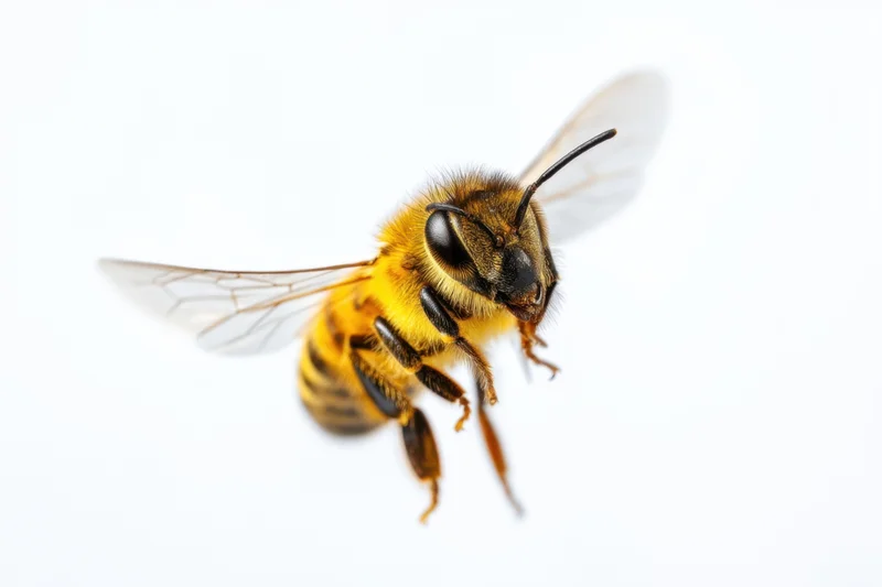 Honeybee in mid-flight with wings extended against white background