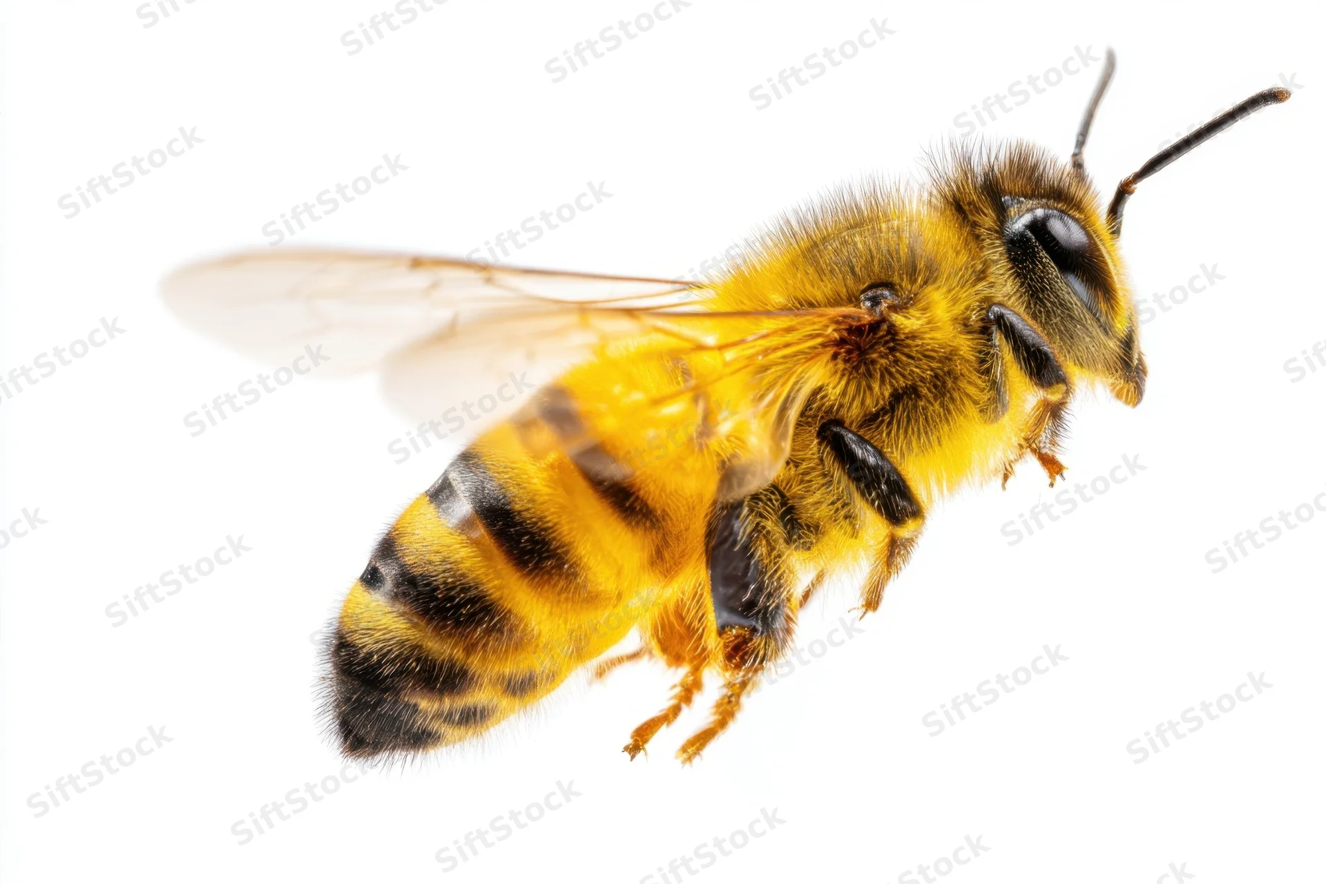 Honeybee in detailed closeup isolated on white background