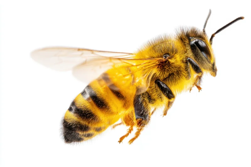 Honeybee in detailed closeup isolated on white background