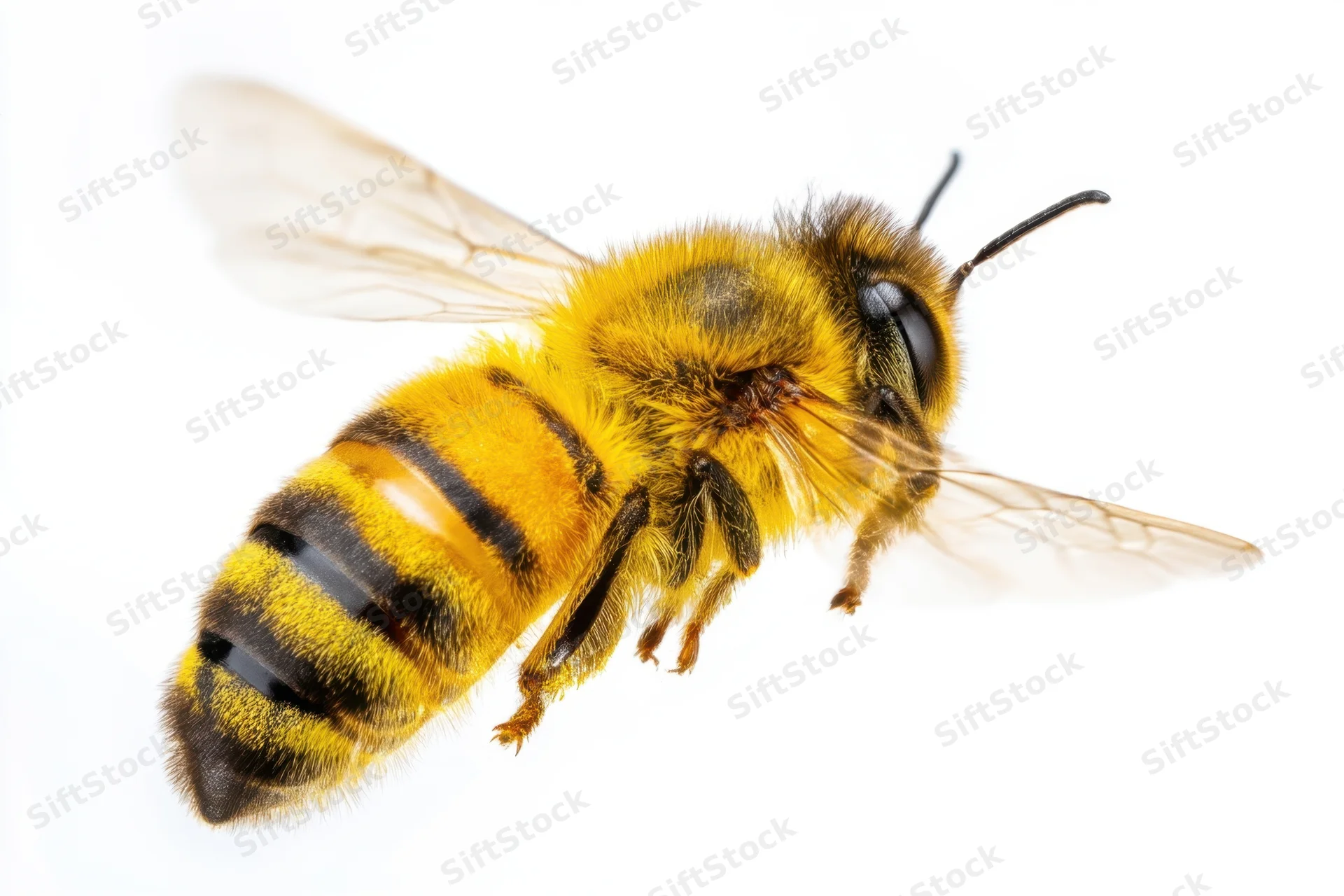 Honeybee in flight with wings spread against white background