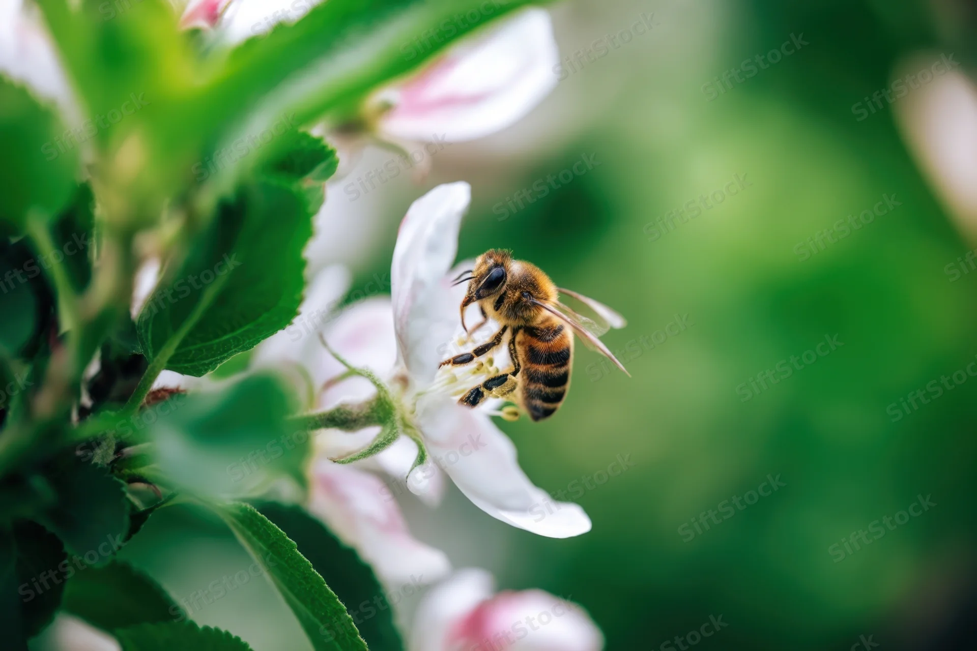 Honeybee pollinating a white apple blossom in a green garden