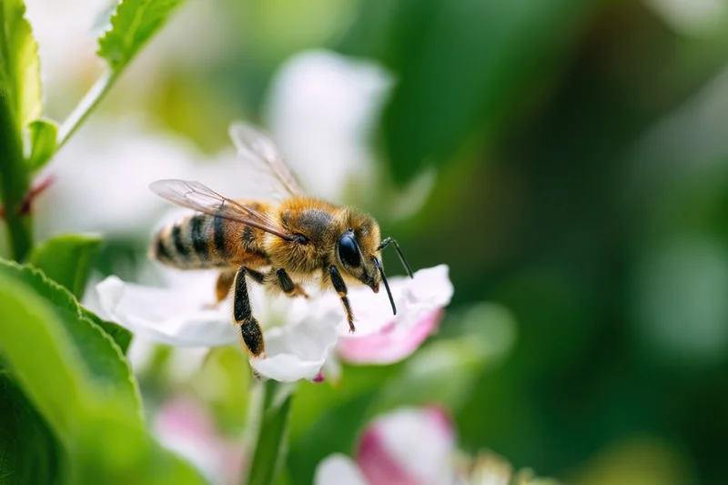 Honeybee foraging on a white blossom in a green garden