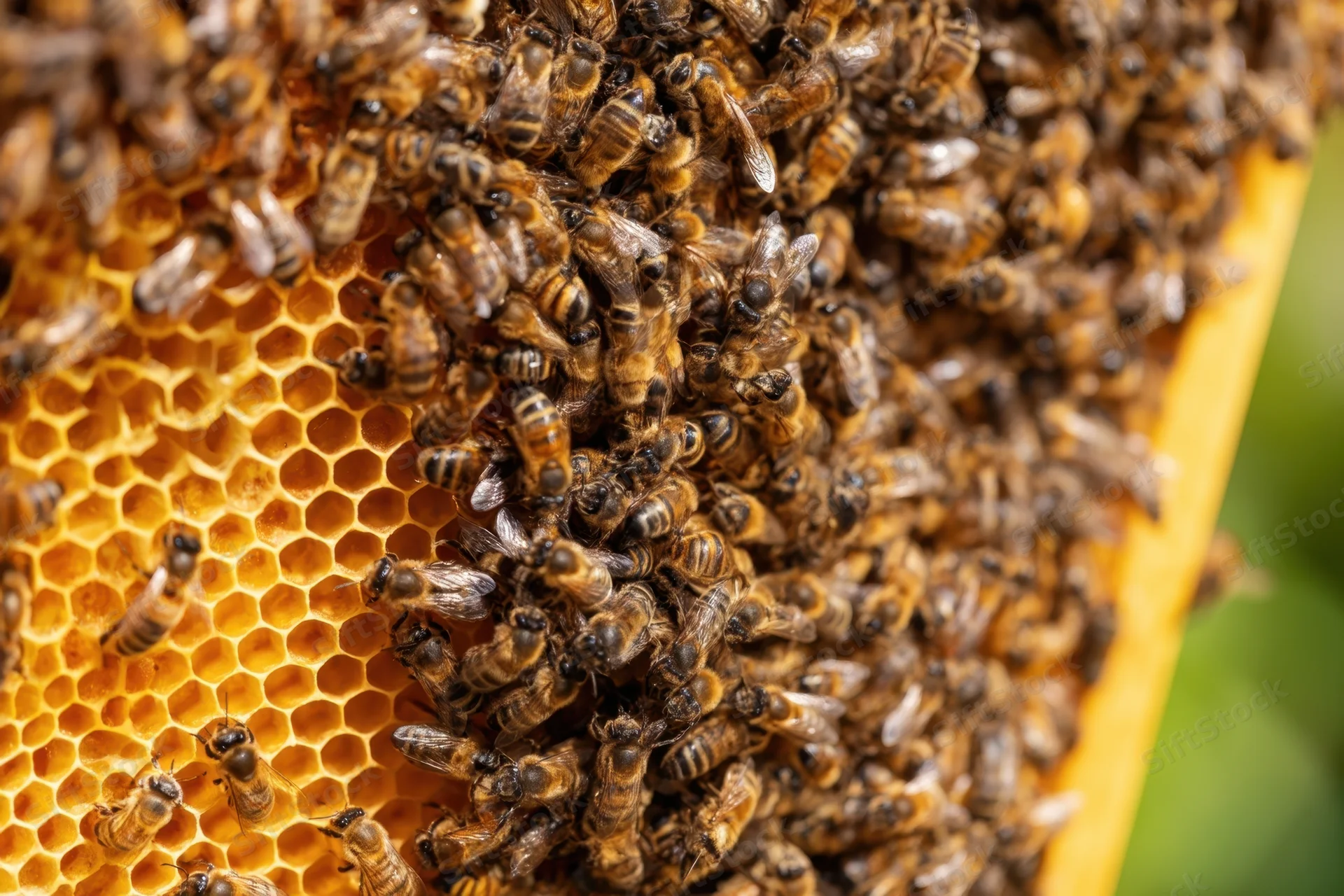 Bees clustered on a honeycomb structure outdoors