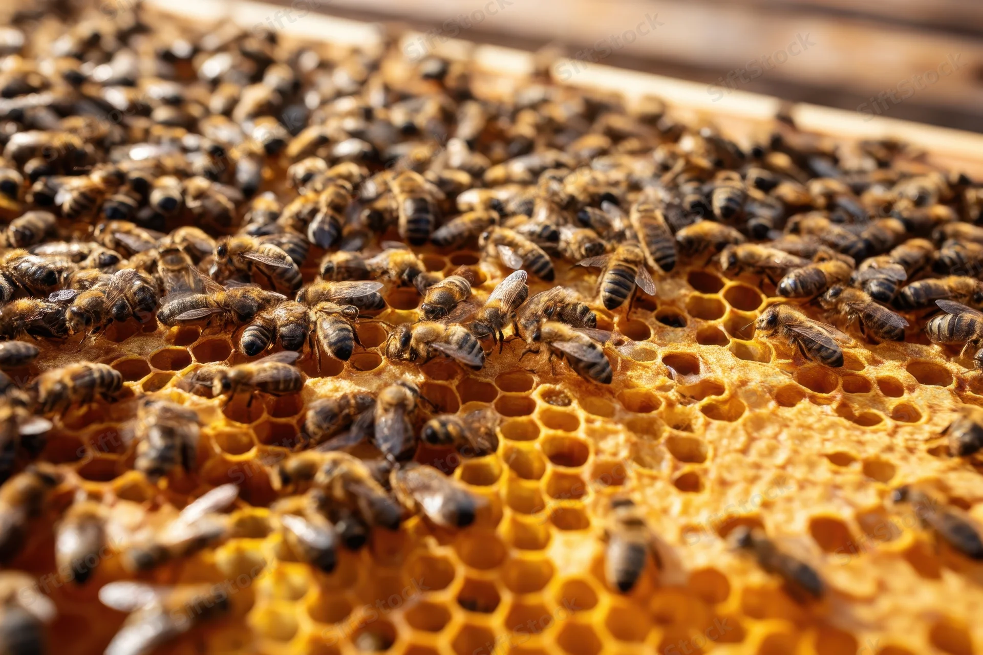 Bees crawling over honeycomb structure in a hive