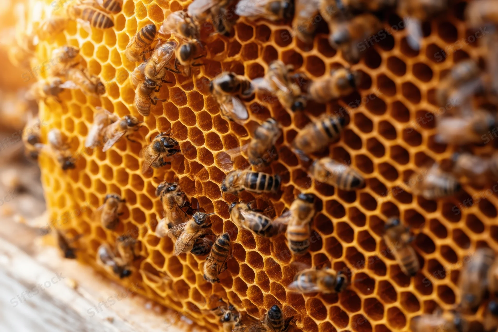 Bees crawling on a honeycomb structure in a hive