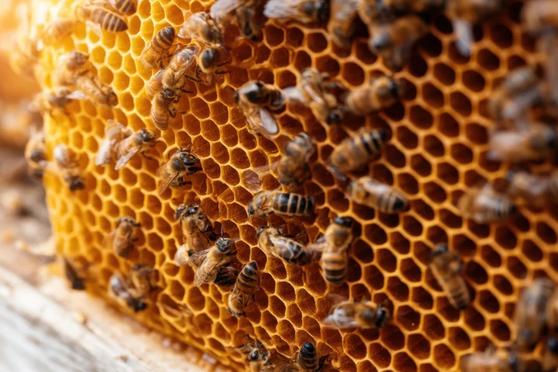 Bees crawling on a honeycomb structure in a hive