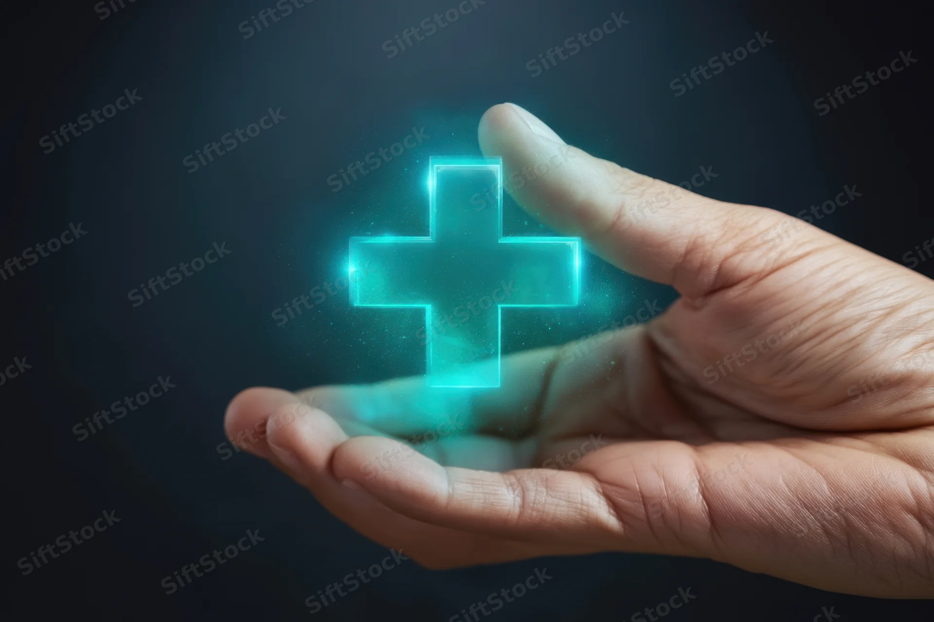 Hand holding a glowing blue medical cross symbol against dark background
