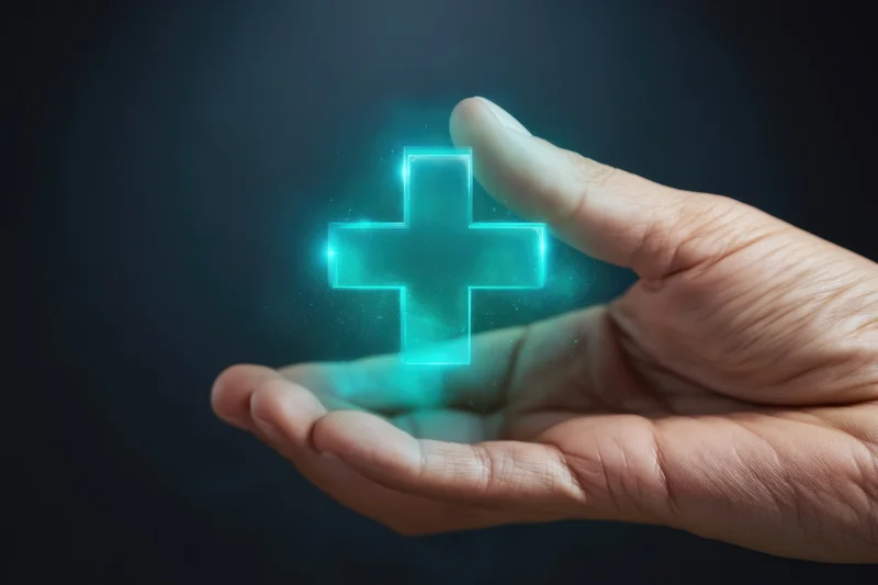 Hand holding a glowing blue medical cross symbol against dark background