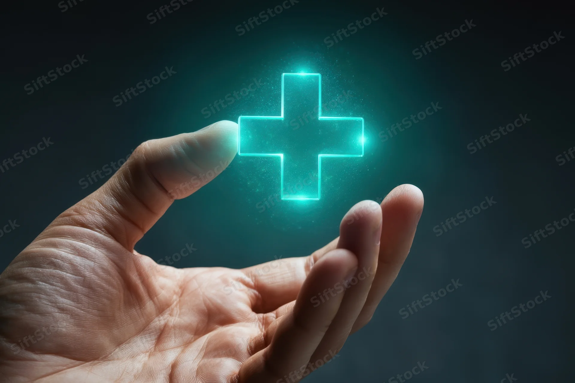 Hand holding a glowing blue medical cross symbol against dark background