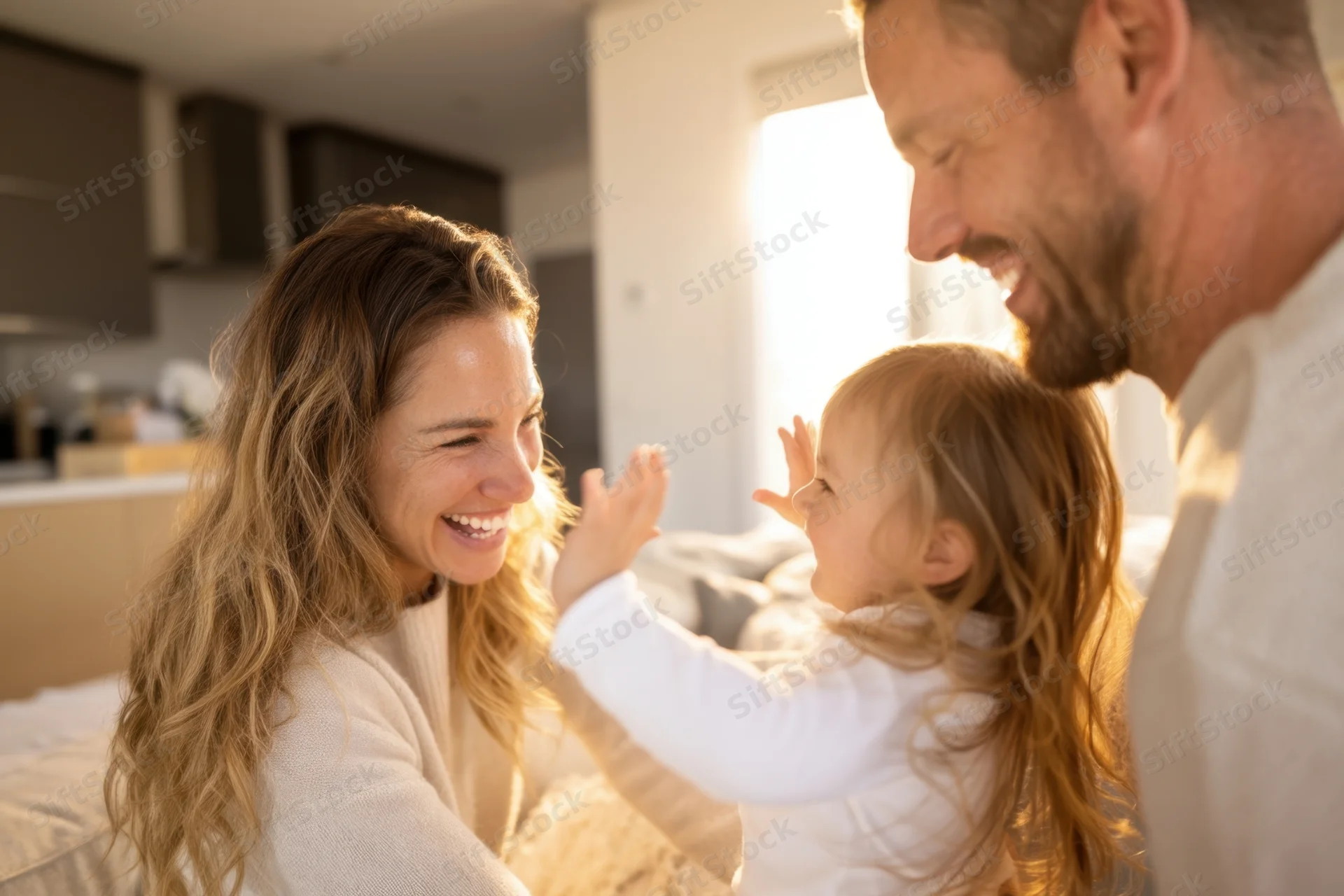 Smiling parents and toddler interacting on bed in sunlit bedroom