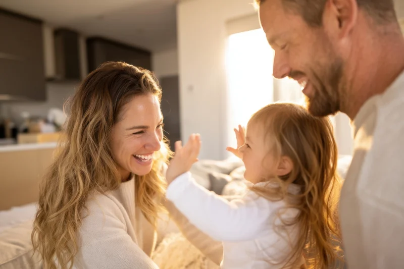 Smiling parents and toddler interacting on bed in sunlit bedroom