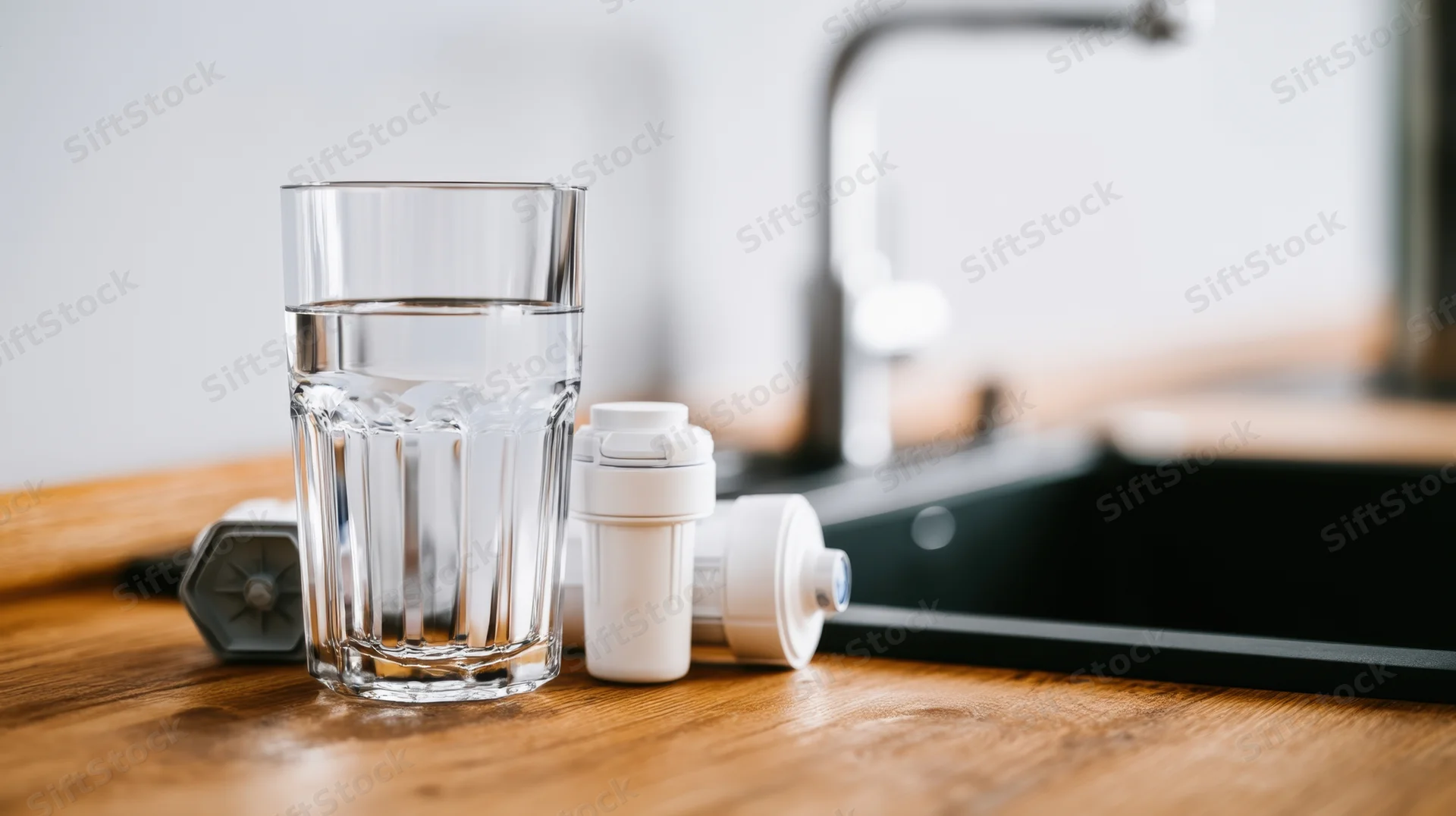 Glass of water on wooden countertop beside kitchen sink with water filter cartridges