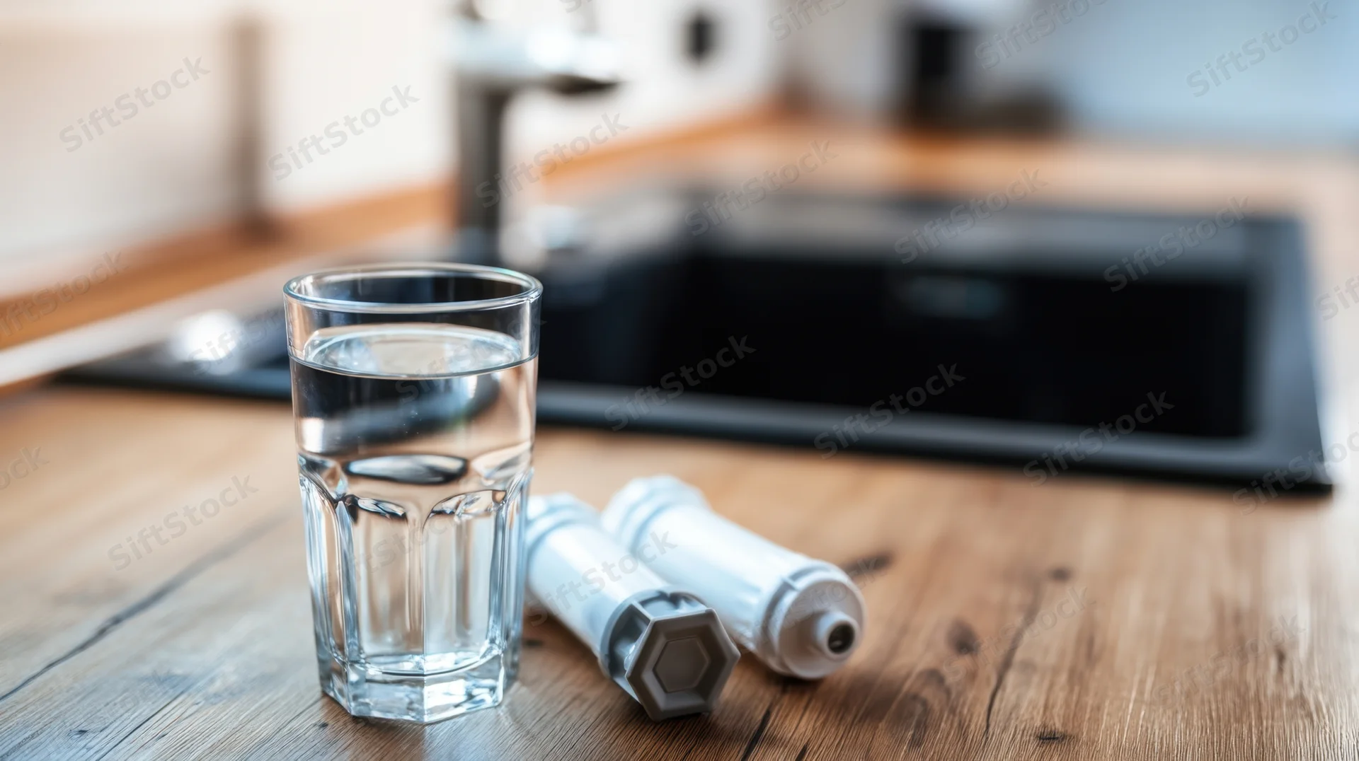 Glass of water and filter cartridges on wooden kitchen countertop near sink