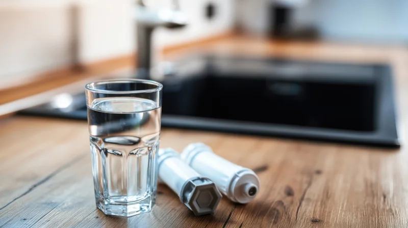 Glass of water and filter cartridges on wooden kitchen countertop near sink