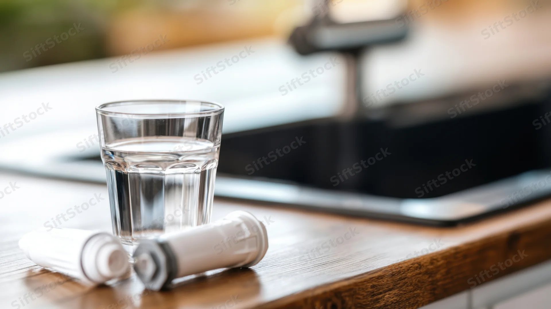 Glass of water on wooden countertop near kitchen sink with water filter cartridges