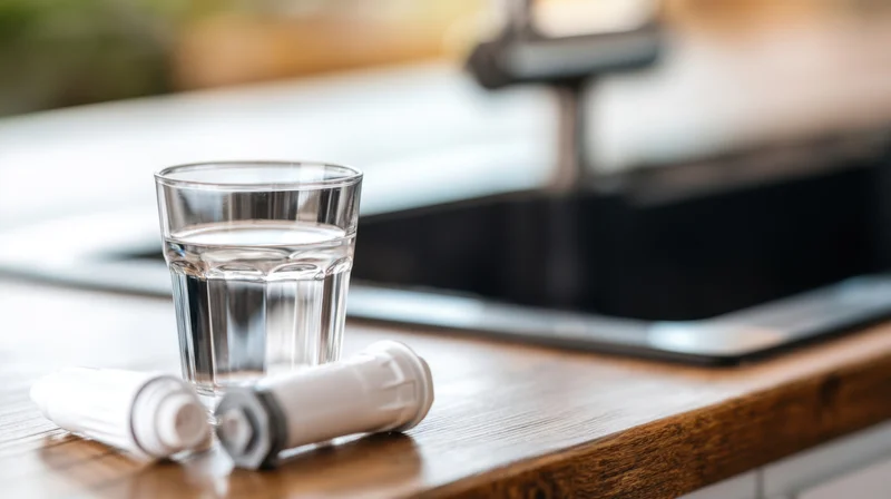 Glass of water on wooden countertop near kitchen sink with water filter cartridges