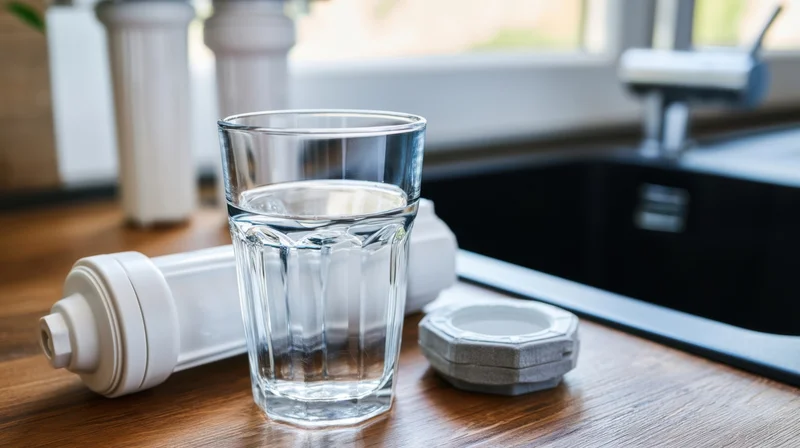 Glass of water on wooden kitchen countertop beside water filter pitcher and cap