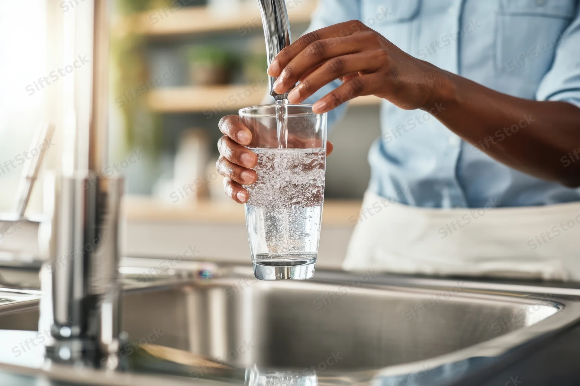 Person filling a glass with water from a kitchen faucet