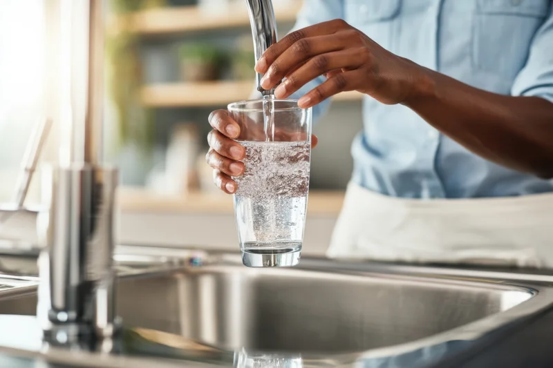 Person filling a glass with water from a kitchen faucet