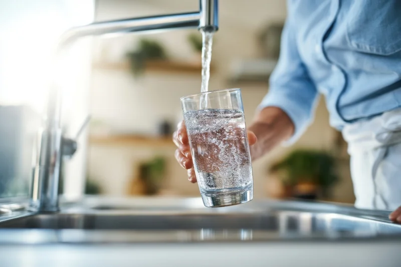 Person filling a glass with water from a kitchen faucet