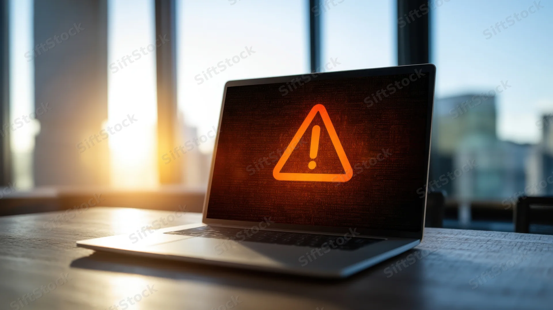 Laptop displaying warning symbol on screen in office near window