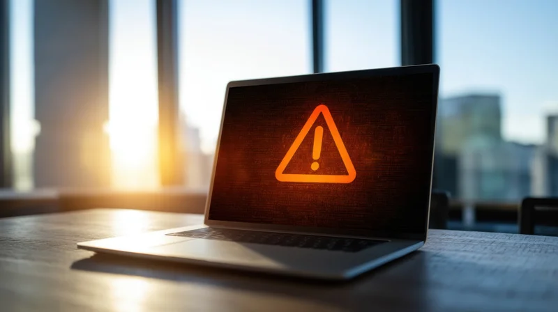 Laptop displaying warning symbol on screen in office near window