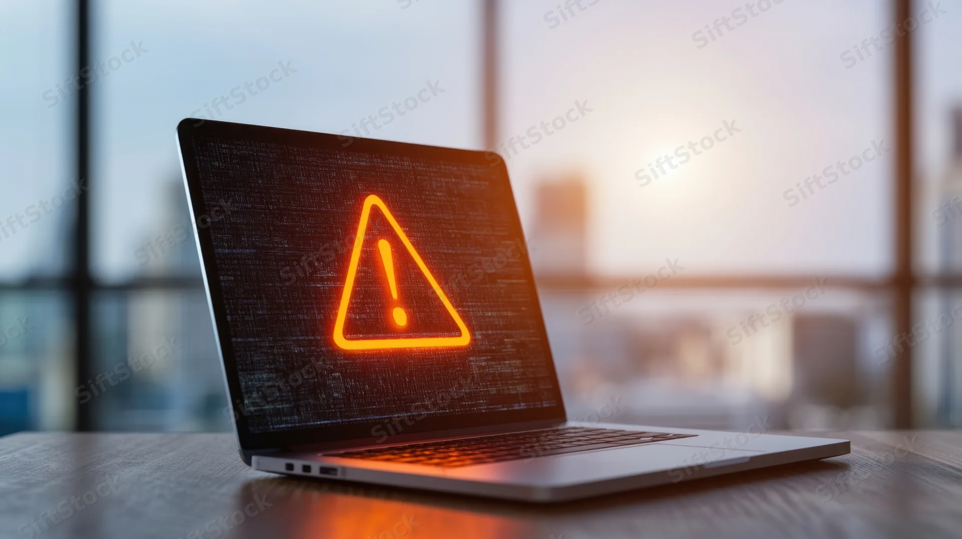 Laptop displaying orange warning triangle on screen in office near window at sunset
