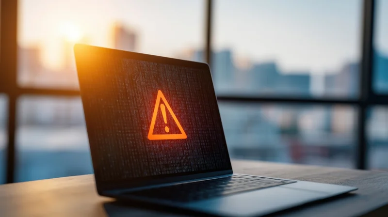 Laptop displaying orange warning symbol on screen in office with city view at sunset