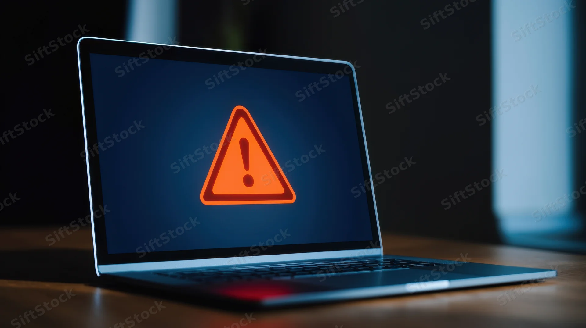 Laptop displaying orange warning triangle on dark screen on wooden desk